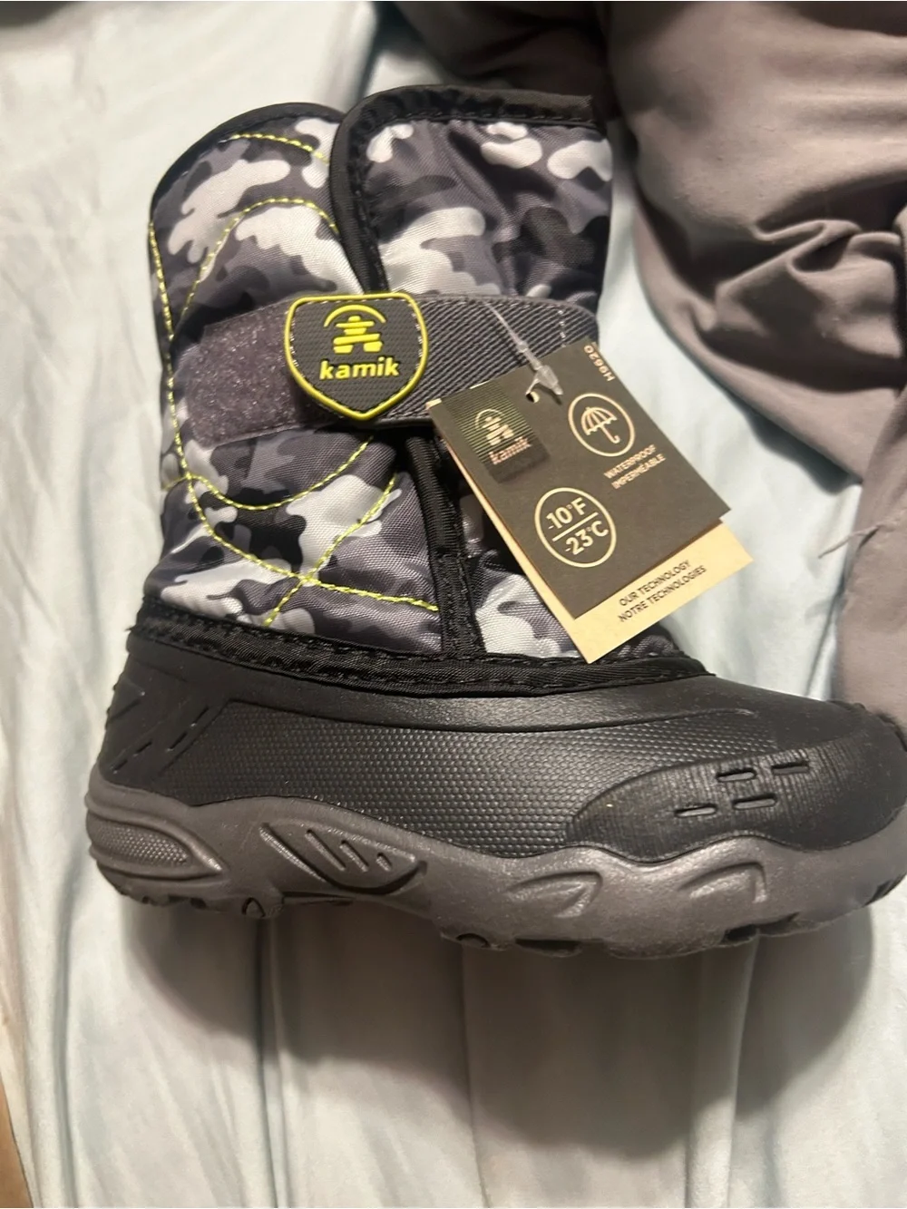 Kids Winter Boots with Gray Camo and Neon Yellow Accents